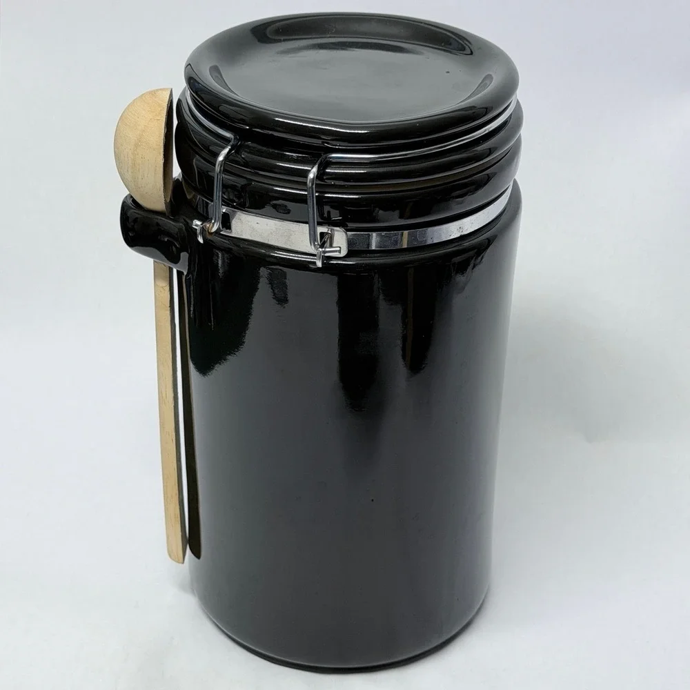 Black Ceramic Canister Set 4 Piece Airtight Locking Lids with Wooden Spoons